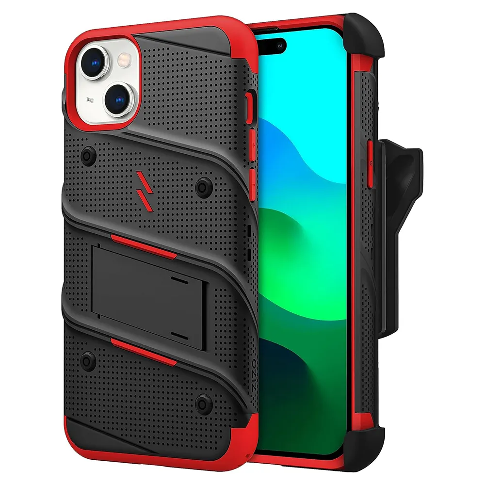 Zizo Bolt Bundle Case For iPhone 15 With Tempered Glass (Red)