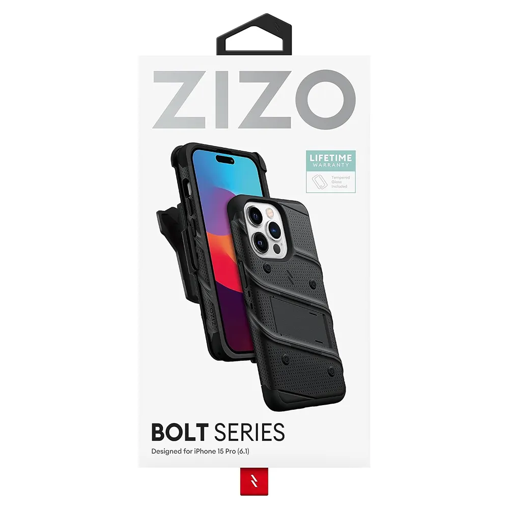 Zizo Bolt Bundle Case For iPhone 15 With Tempered Glass (Black)